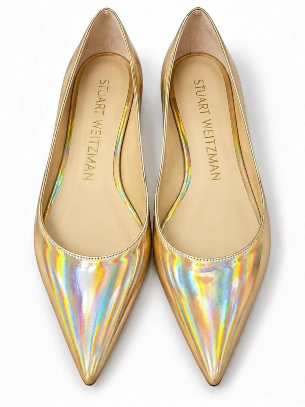 Stuart Weitzman Emilia Flat Pointed-Toe Flats in Gold